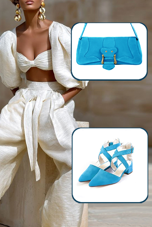 Dress closed-toe heels crossed straps in turquoise blue leather with low flare heels and tapered toe - Worn view